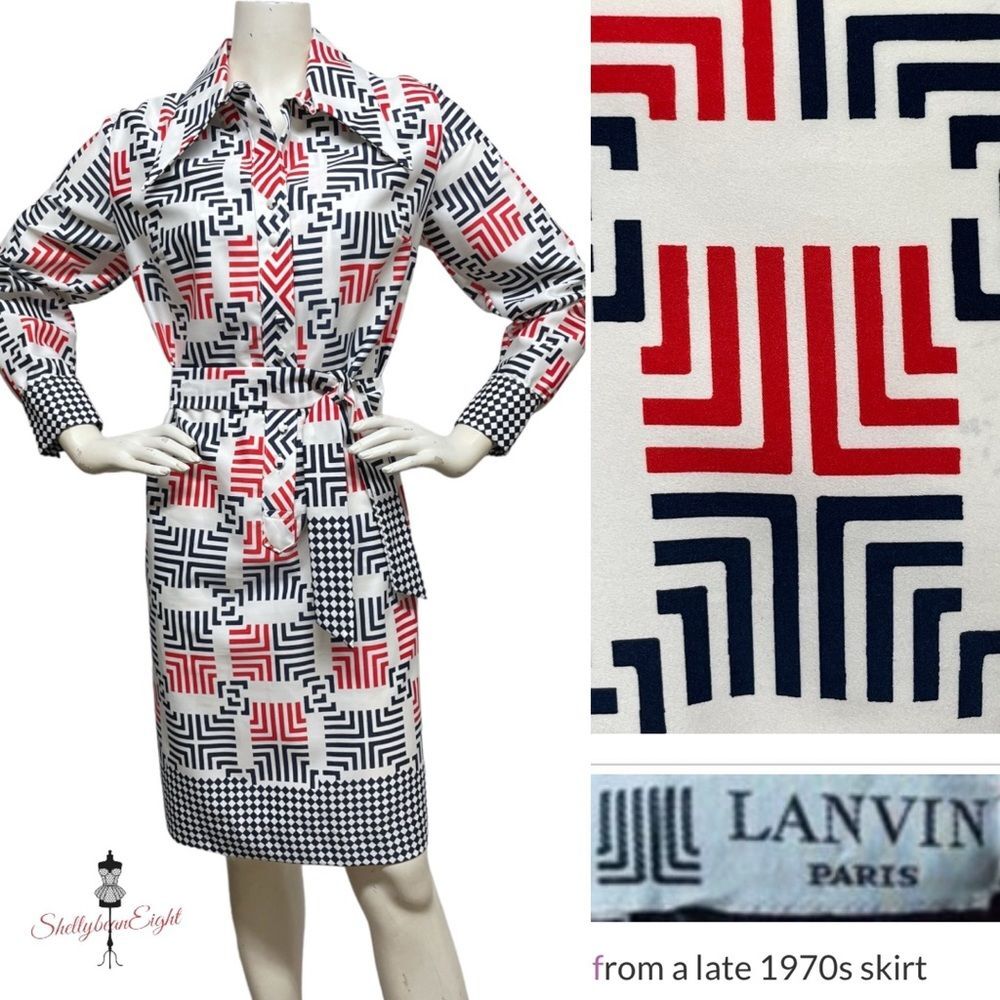 VINTAGE 70s Lanvin All Over Logo Print Shirt Dress w Sash Belt 18 Fits 12 L